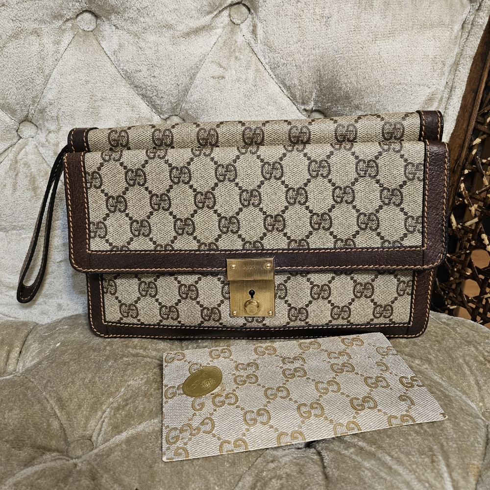 Authentic Vintage Gucci Brown Monogram Padlock Clutch